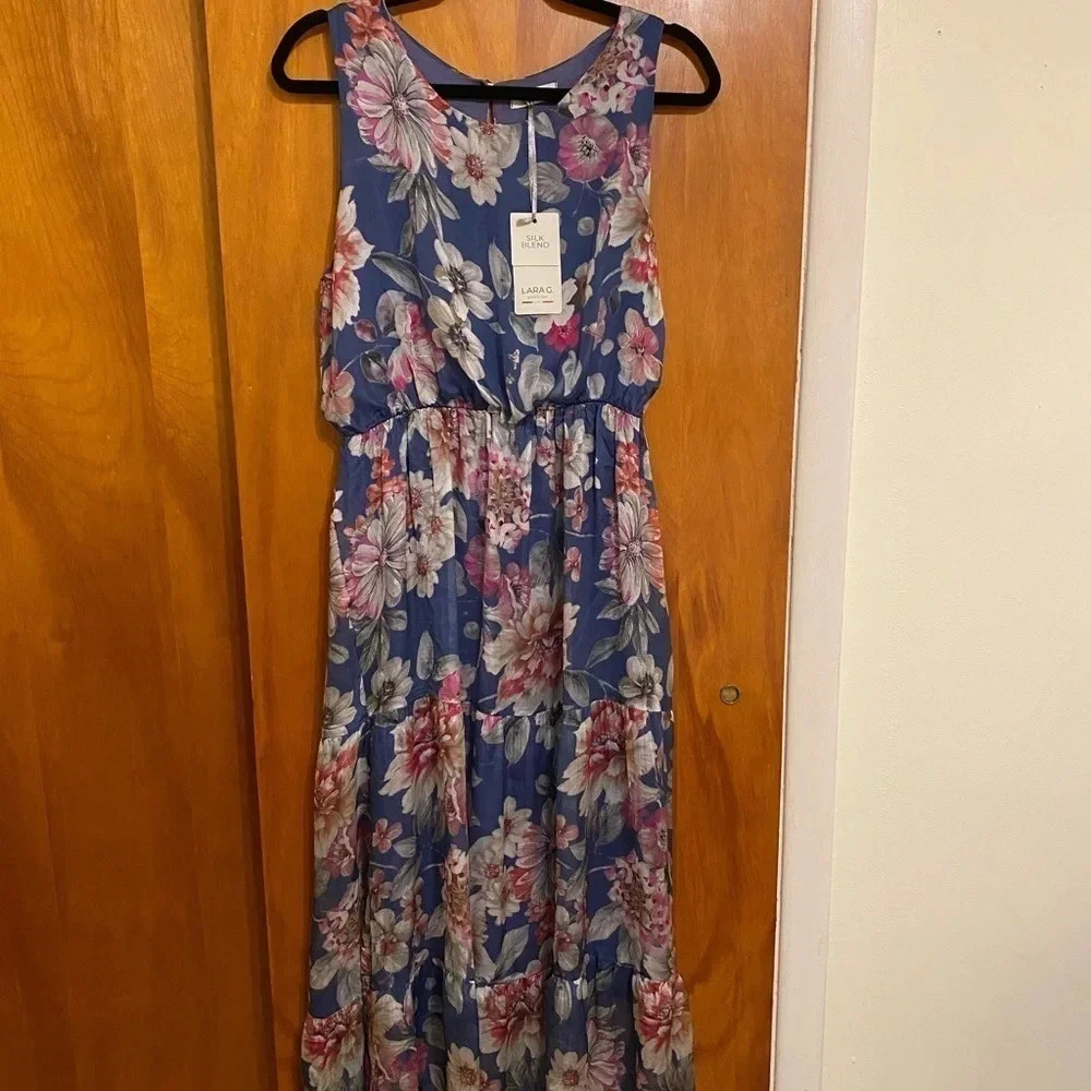Laraq Silk Blend Denim Floral Maxi Dress Women’s Size Large - Picture 7 of 10